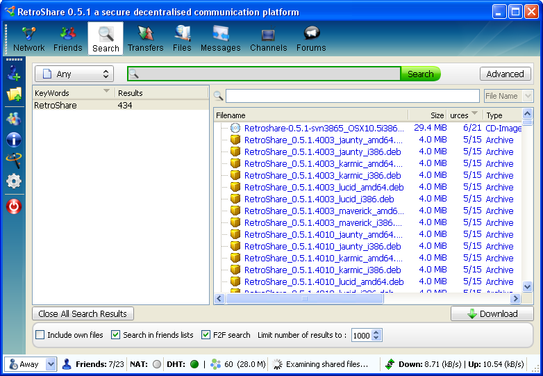 Retroshare v0.5.1 search